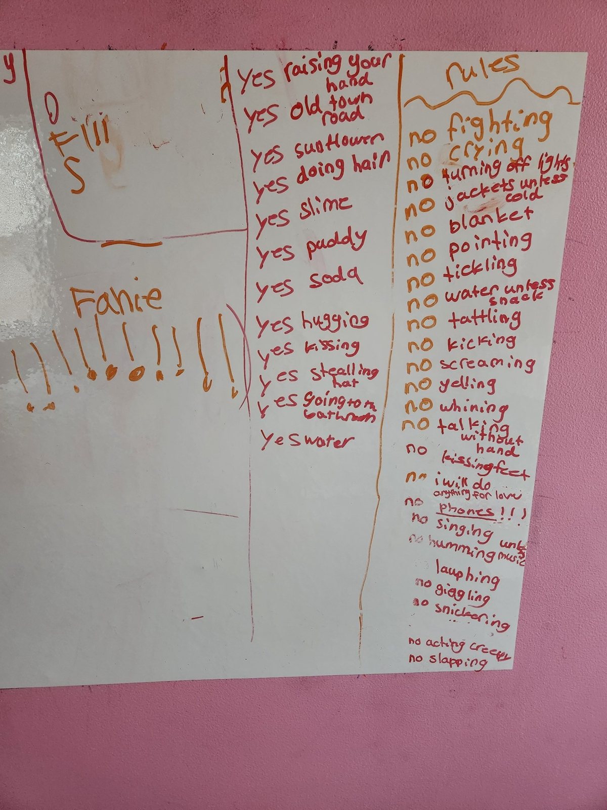 Bella’s handwritten classroom rules, with a yes list and a longer no list.