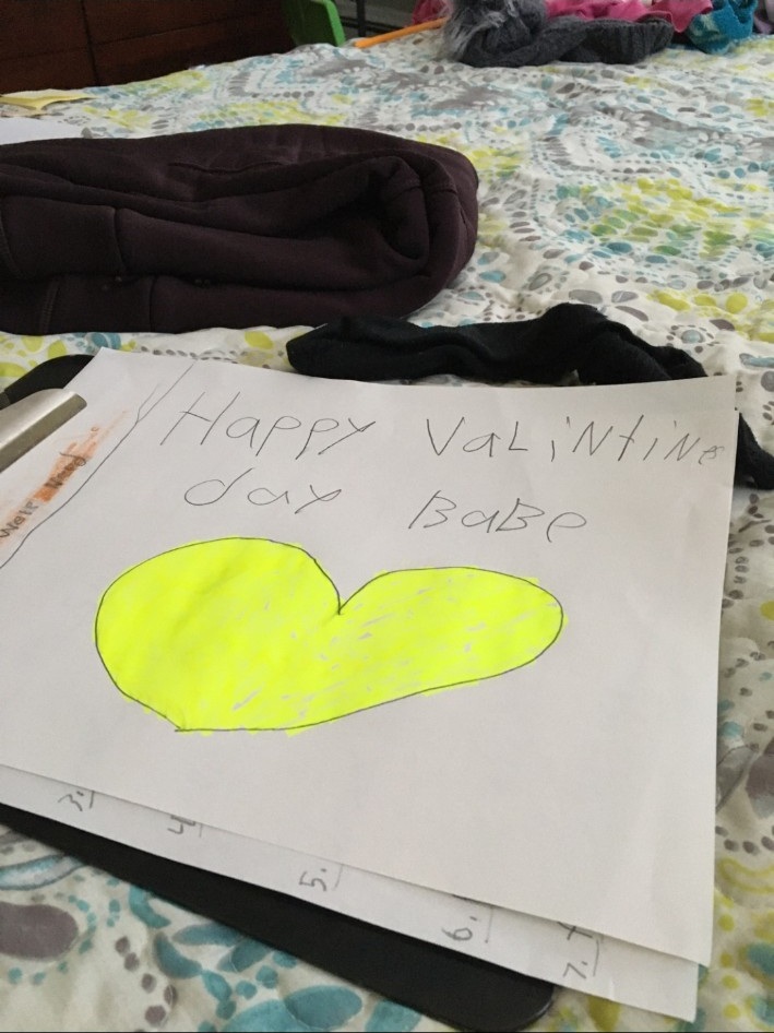 Bella’s yellow-heart Valentine for Babe