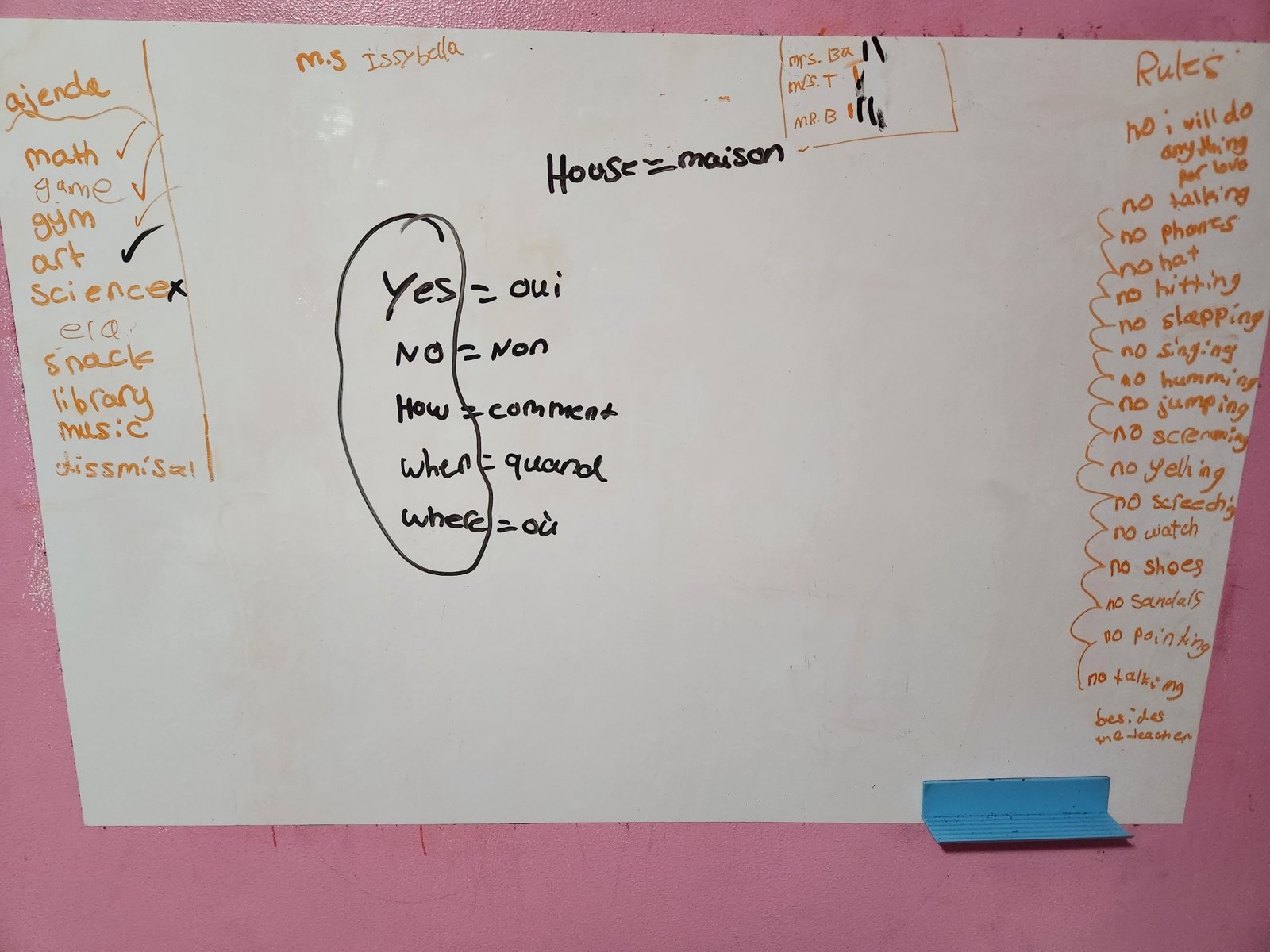 Teacher Tuesday — her agenda, classroom rules, and a French lesson.