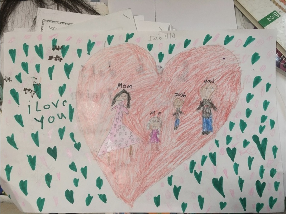 Bella’s family inside a heart, labeled Mom, Me, Josh, and dad.