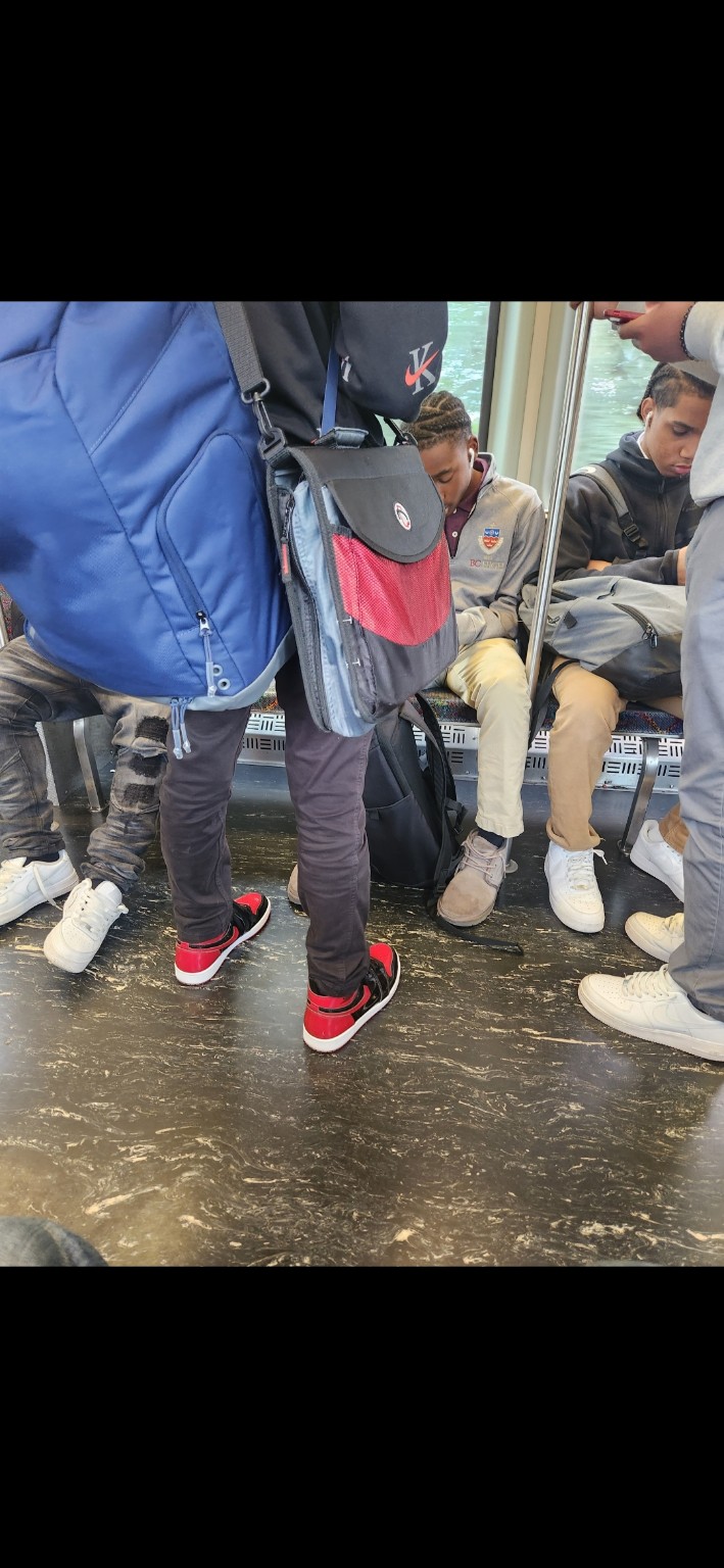 Passengers seated and standing inside a train