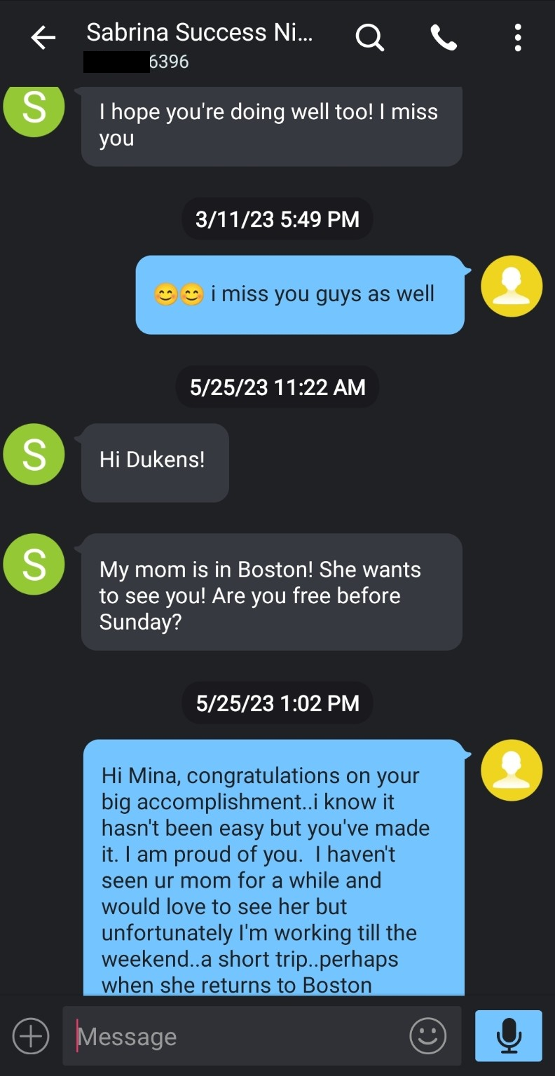 Redacted text-message screenshot: Family messages — March–May 2023. The date of the incoming “I miss you” message is not visible.