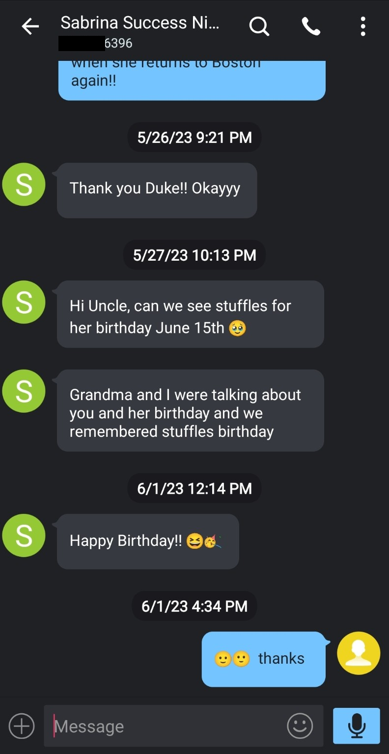 Redacted text-message screenshot: “Hi Uncle,” Stuffuls, and birthday wishes — May–June 2023.