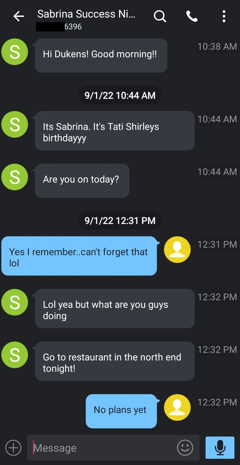 Redacted text-message screenshot: Birthday plans — September 1, 2022.