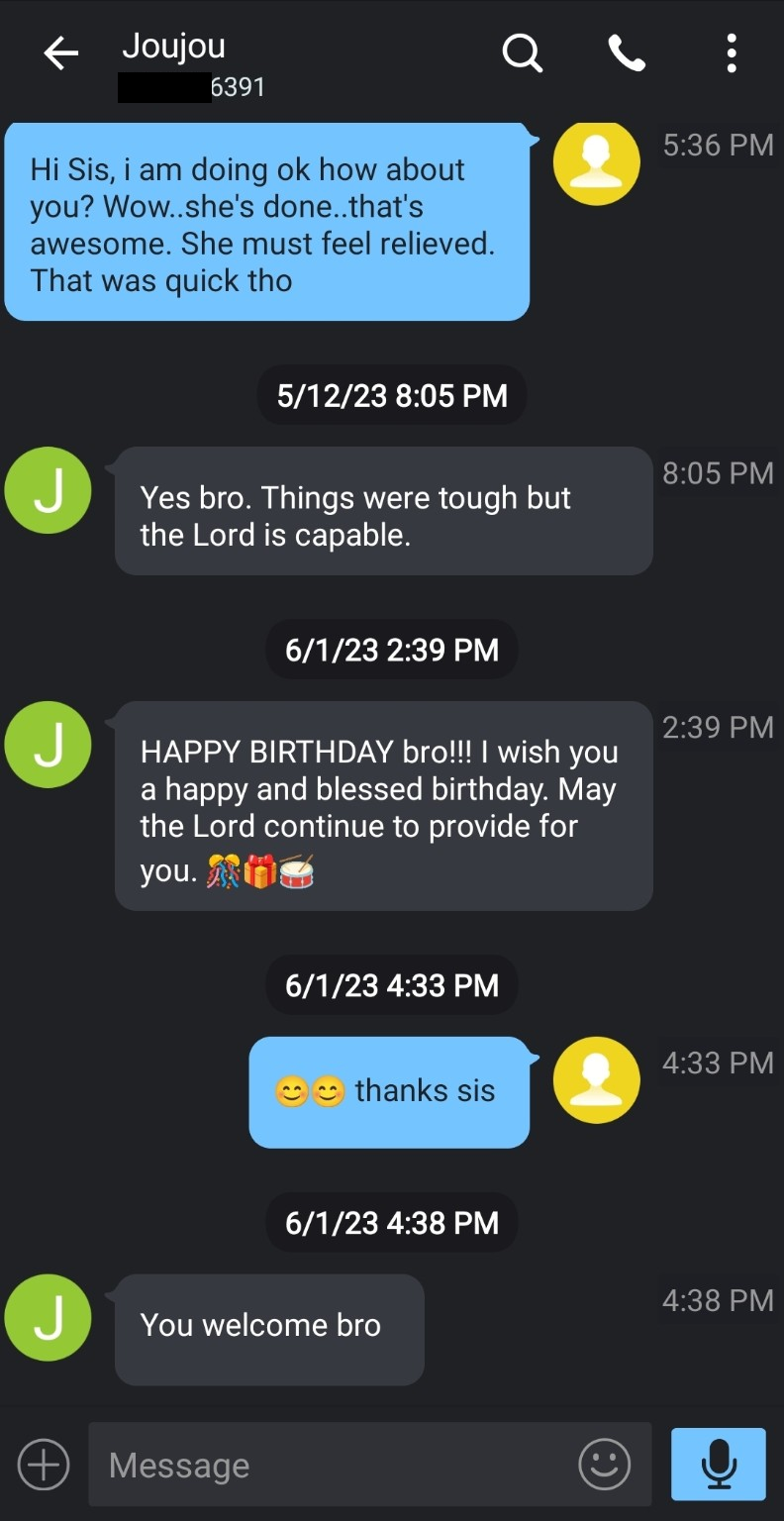 Redacted text-message screenshot: Birthday exchange with your mother — June 1, 2023.